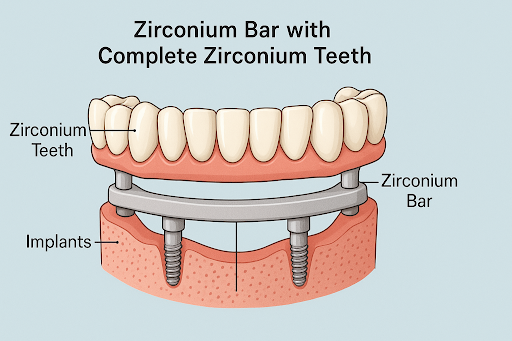 Zirconium bar with zirconium teeth in all on 4 implant's visual representation