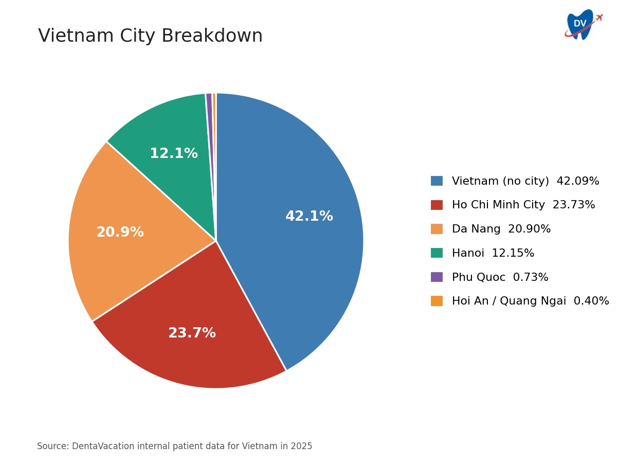 The pie chart shows city-wise % share of DentaVacation patients for Vietnam in 2025.
